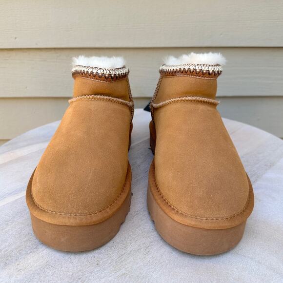 Mexx Womens Size 7.5 US Suede Shearling Boot Chestnut Fur Lined Ankle Platform - Picture 9 of 10